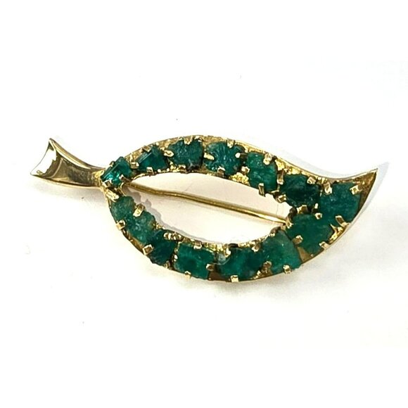 Raw Emerald Brooch Pin 18k Yellow Gold Leaf Shape Vintage Artisan STUNNING LI613 - Picture 3 of 15
